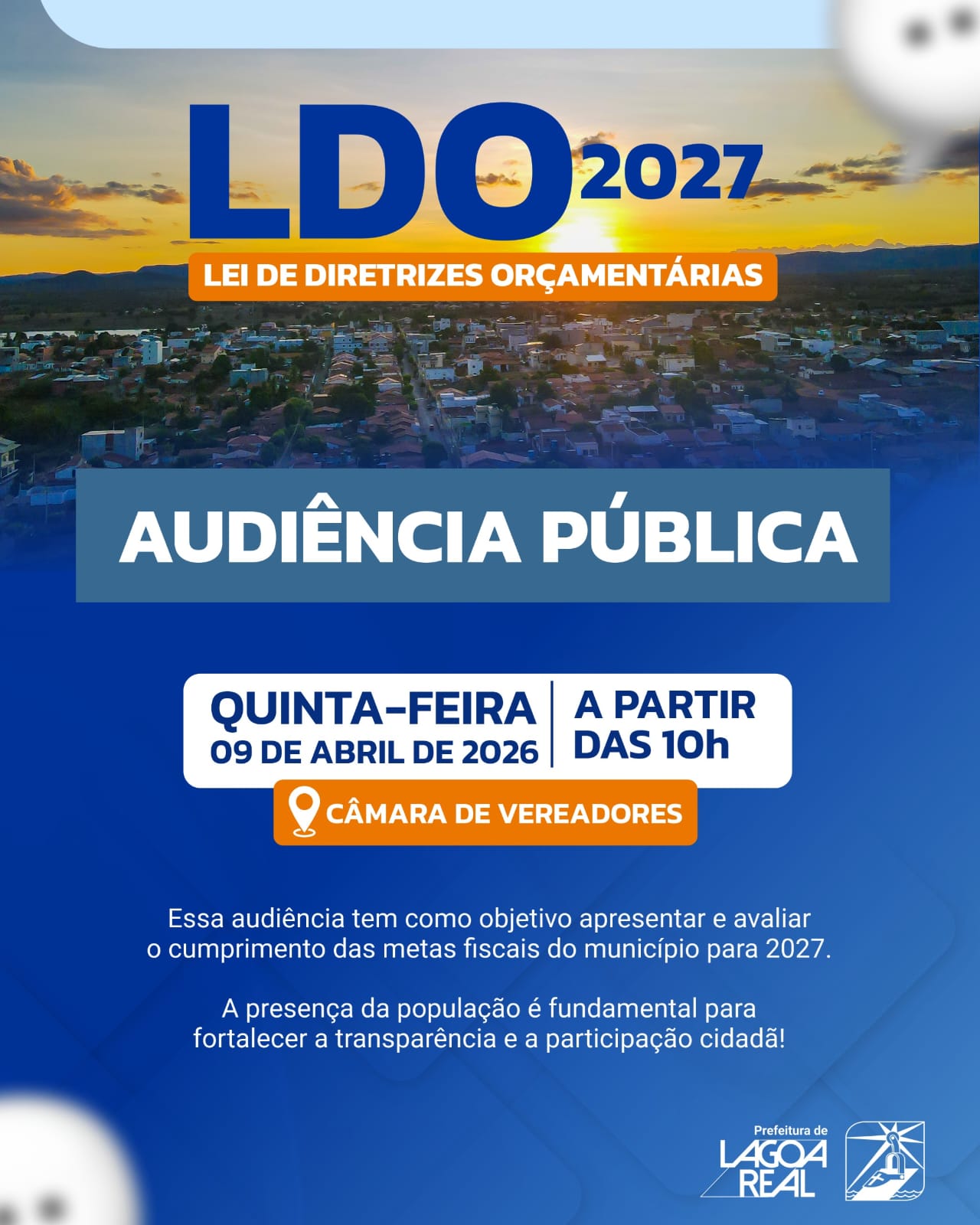Audiência Pública da LDO 2027 será realizada na Câmara de Vereadores Lagoa Real